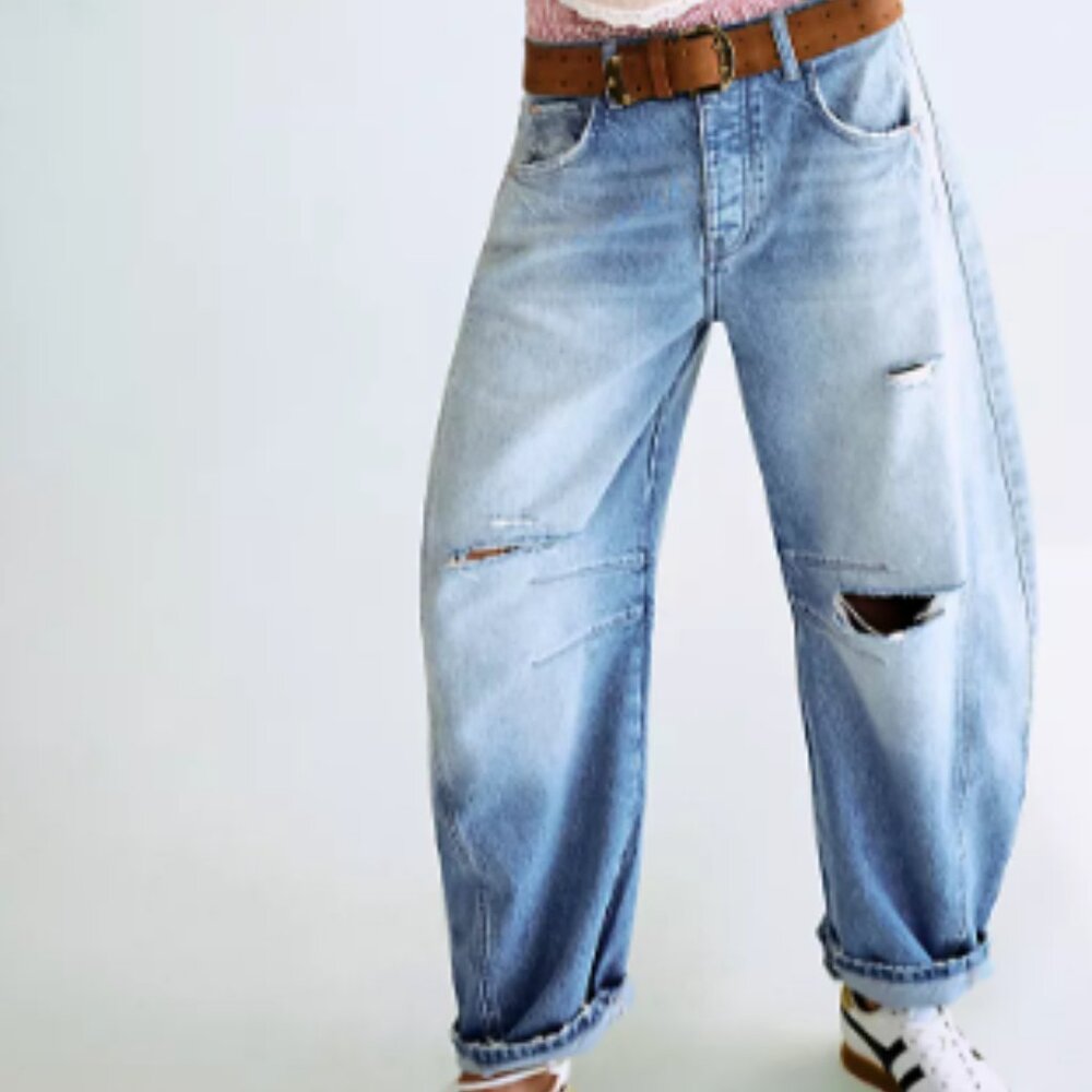 We The Free Good Luck Mid-Rise Barrel Distressed Jeans - SIZE 28